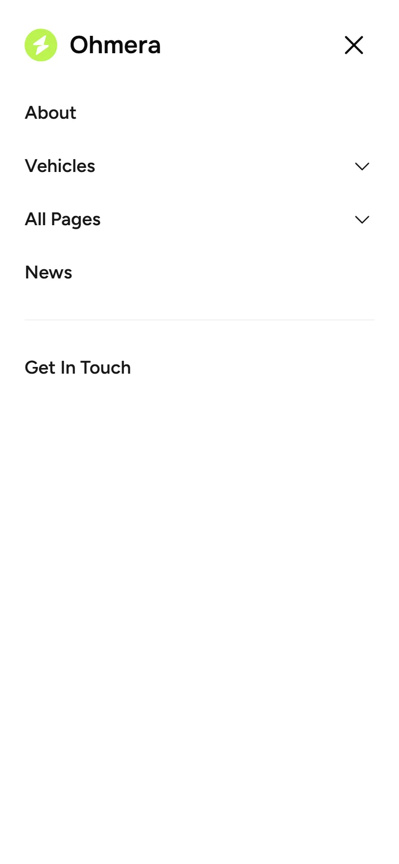 Ohmera on mobile: menu / search open