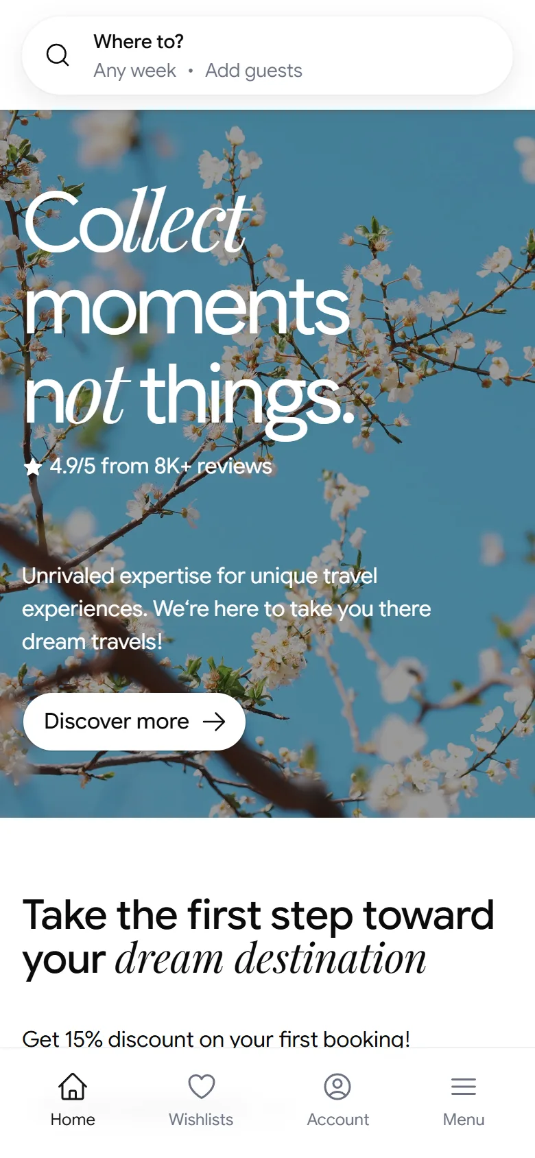 Tripvale on mobile: home page hero