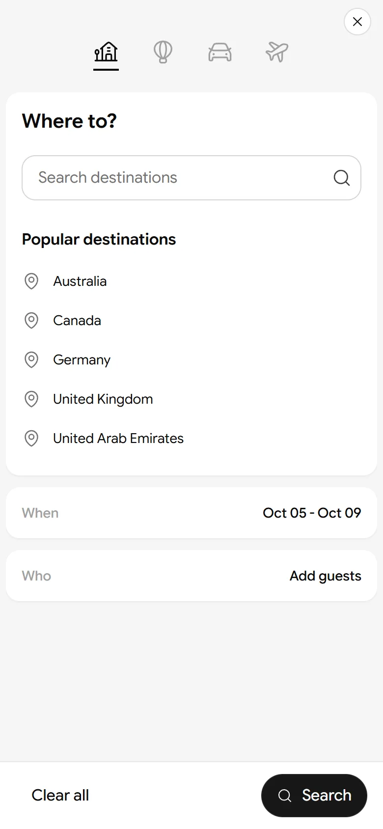 Tripvale on mobile: menu / search open