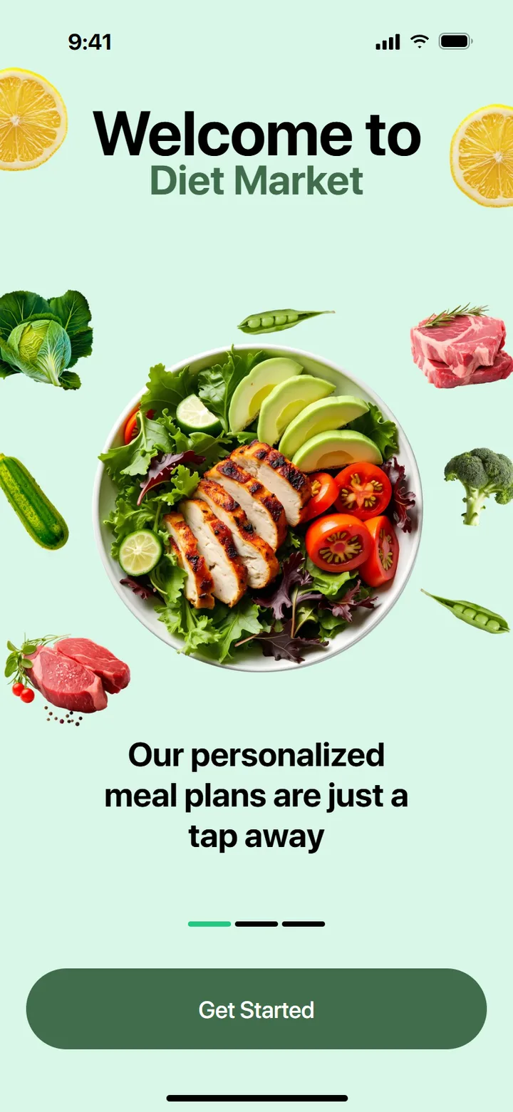Welcome screen with food art and Get Started