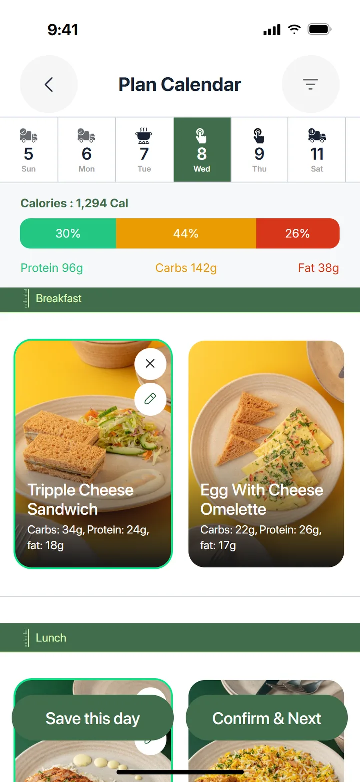 Plan calendar with day states and meal choices