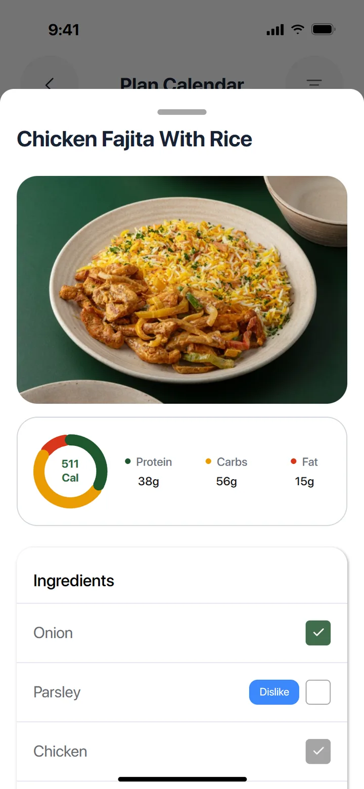 Meal detail sheet with macros and ingredient list