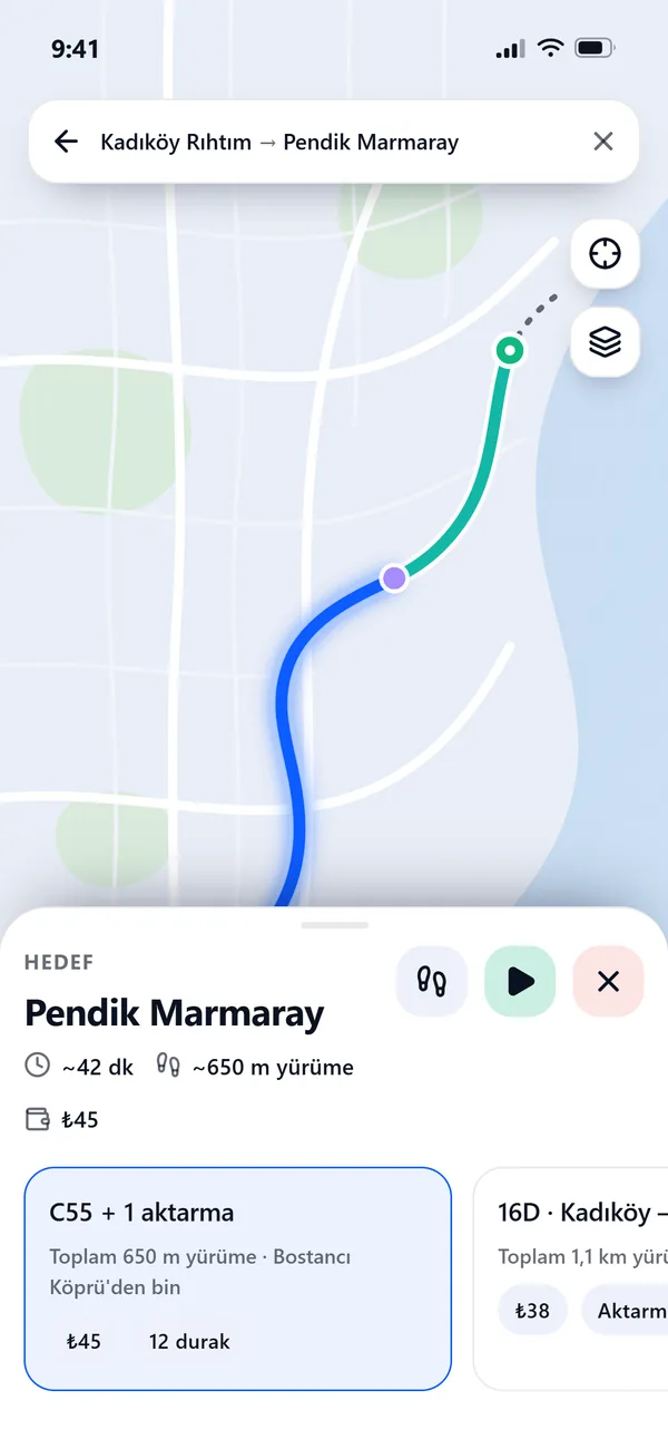A planned trip with transfers, walking legs, fare and duration