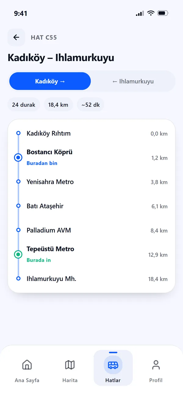 One line stop by stop in both directions