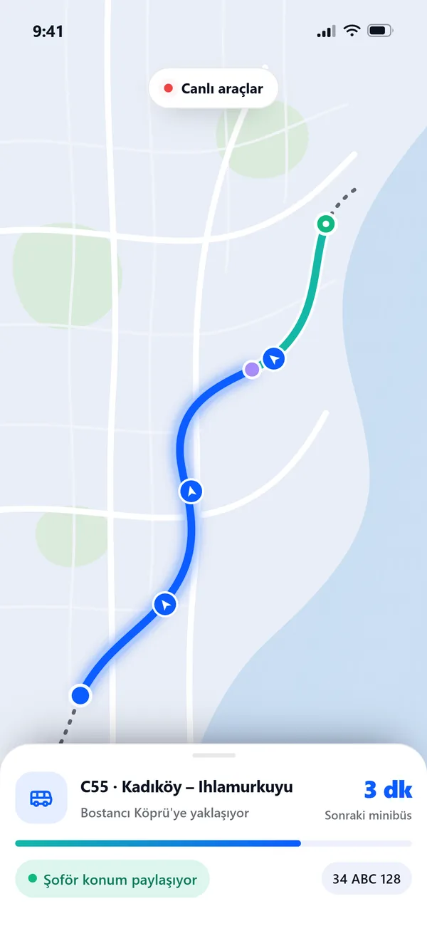 Live vehicles on the map with minutes to arrival