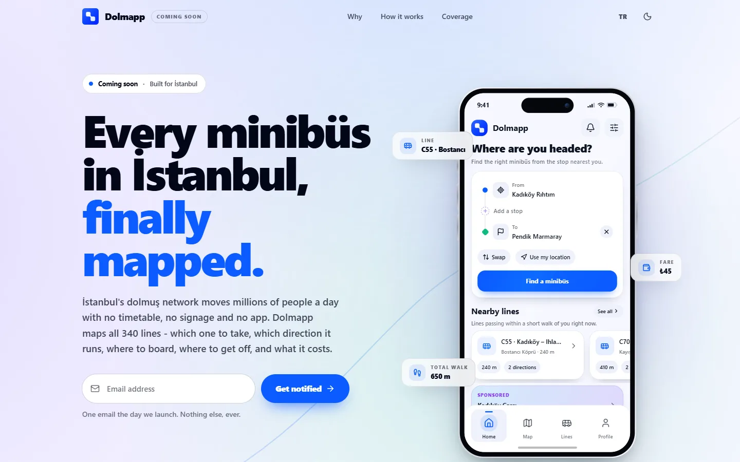 dolm.app hero: Every minibüs in İstanbul, finally mapped