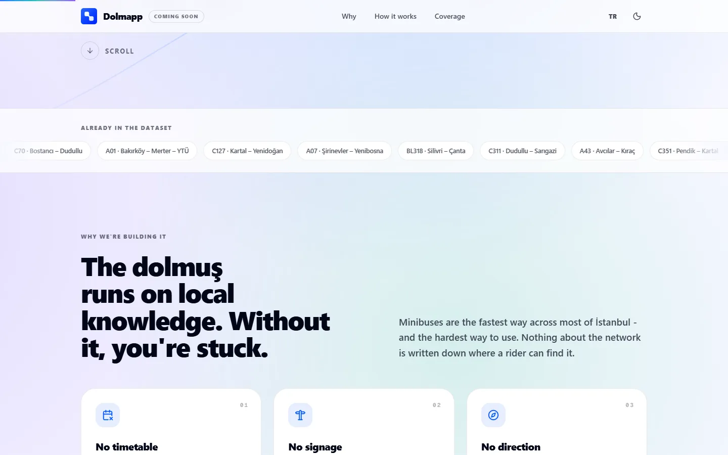 Dolmapp landing page section: The dolmuş runs on local knowledge