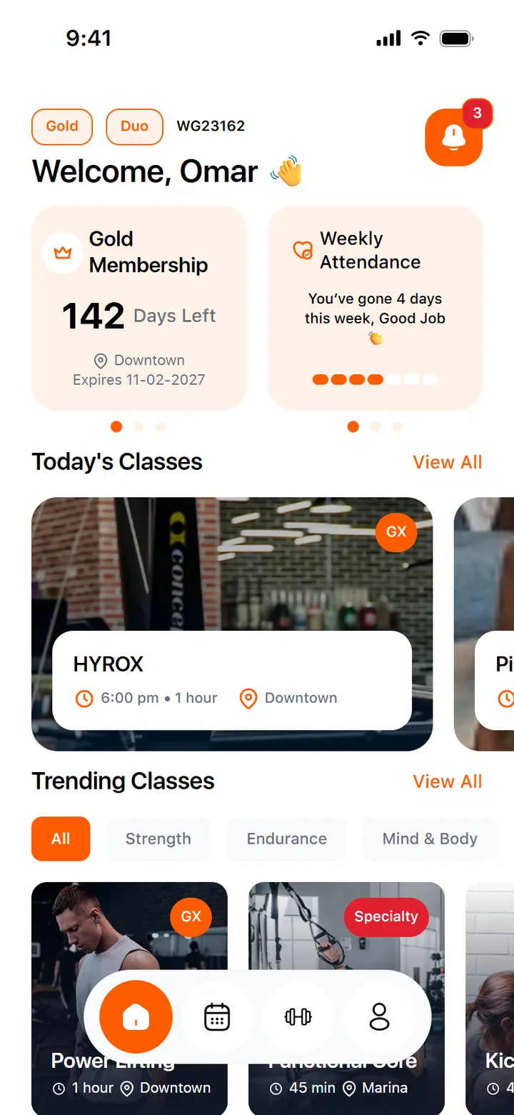 Home dashboard with membership, attendance and classes