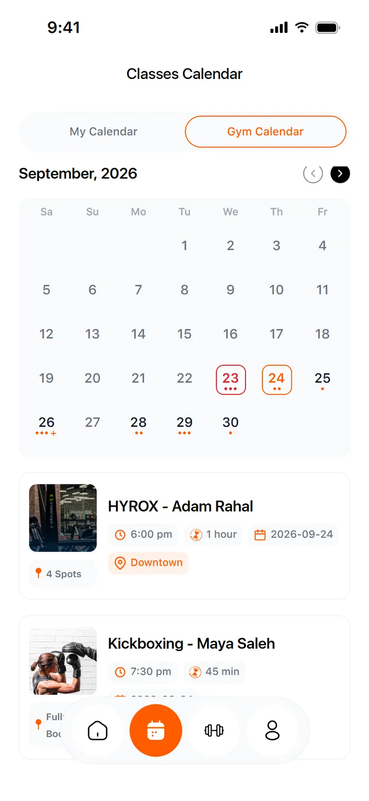 Classes calendar with a month grid and class cards