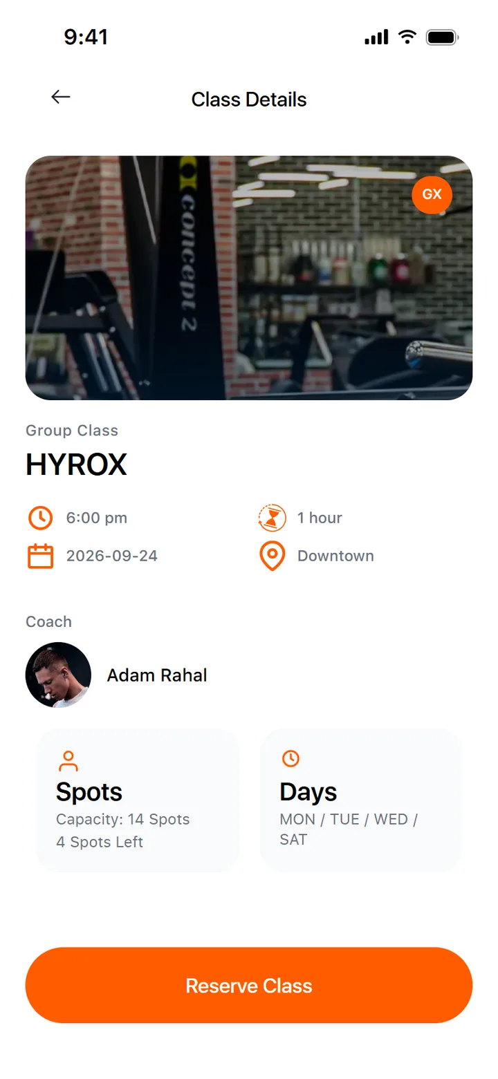 Class details with coach, capacity and days