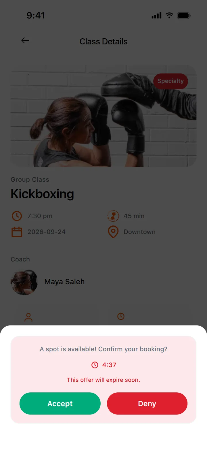 Waiting list offer with a countdown and accept or deny