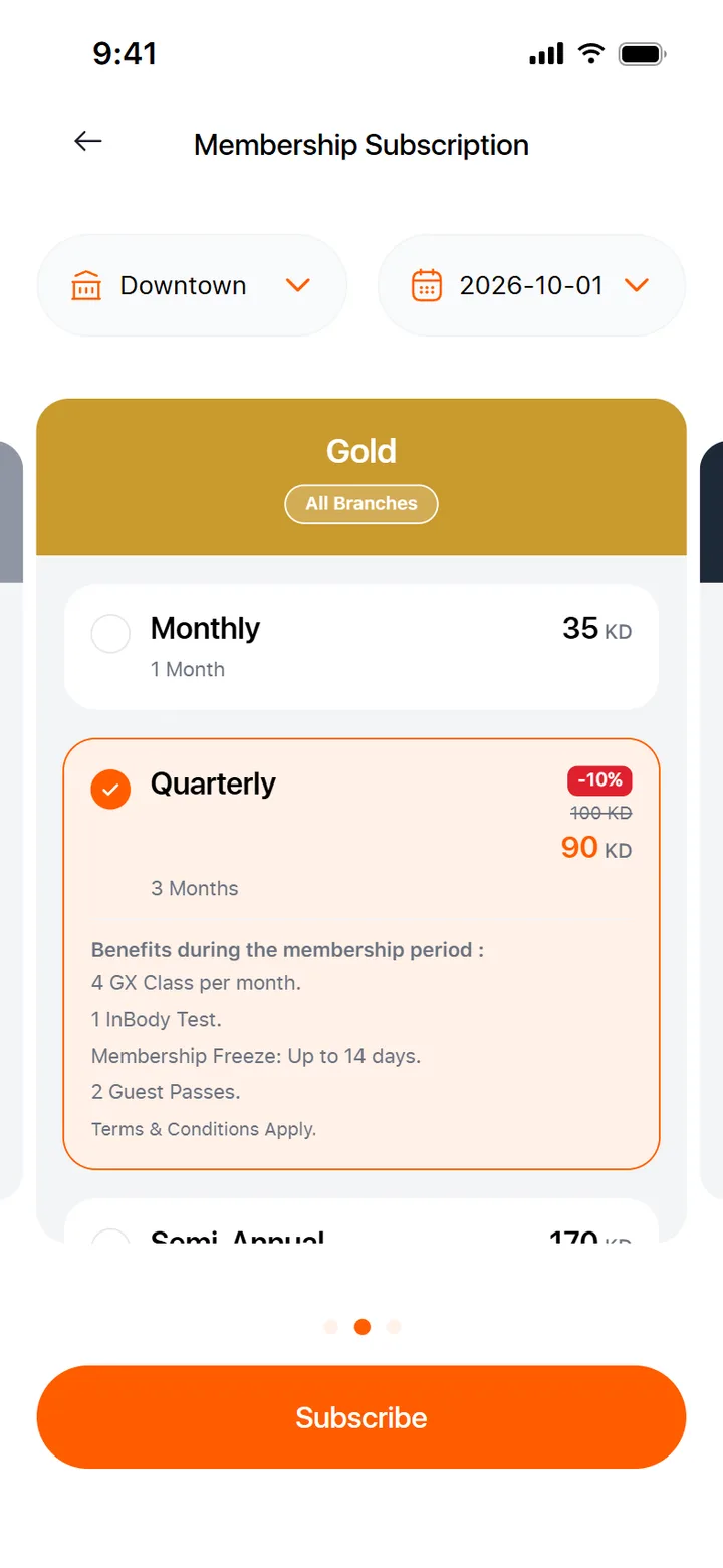 Membership plans carousel with tiers and pricing