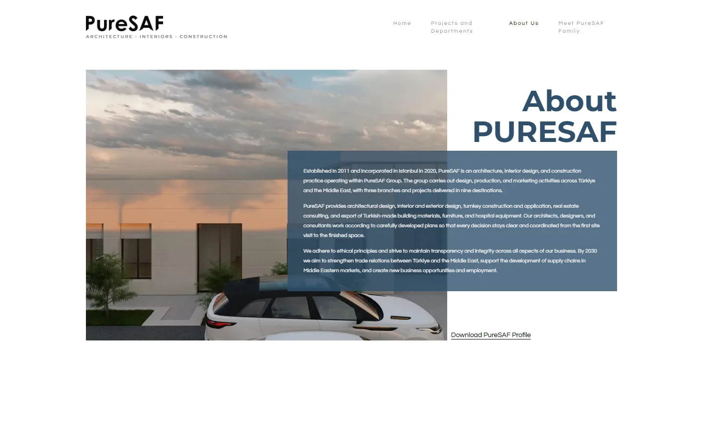 About page with an overlapping text panel on a render