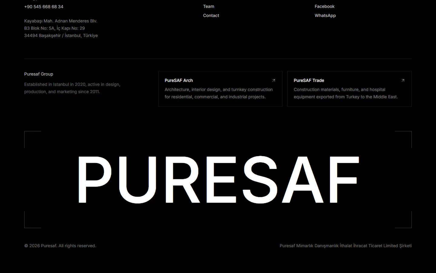 Footer with giant PURESAF wordmark