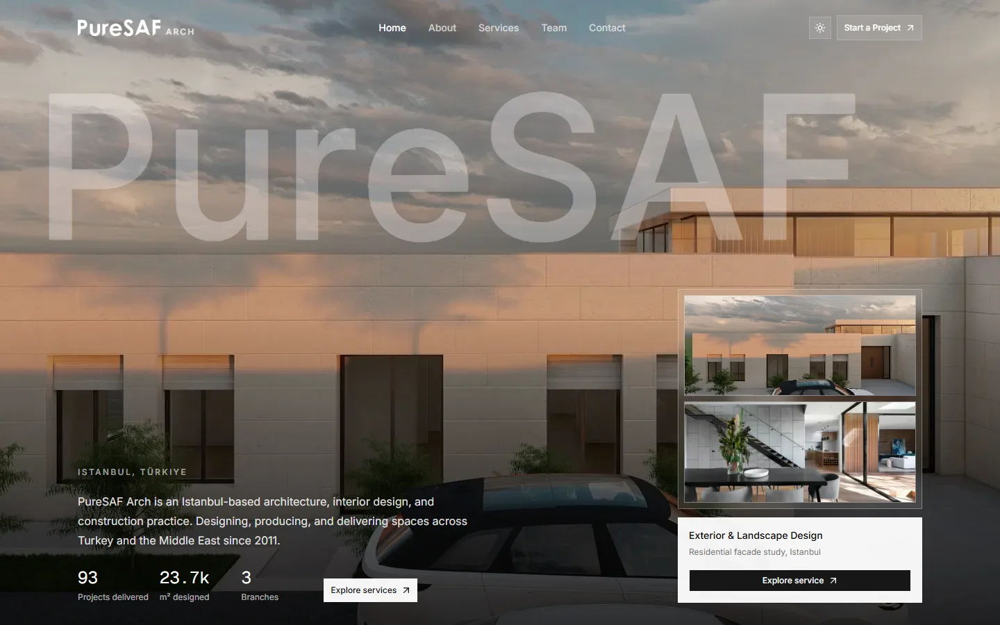 Direction B home page: full-bleed render with stats and a service card