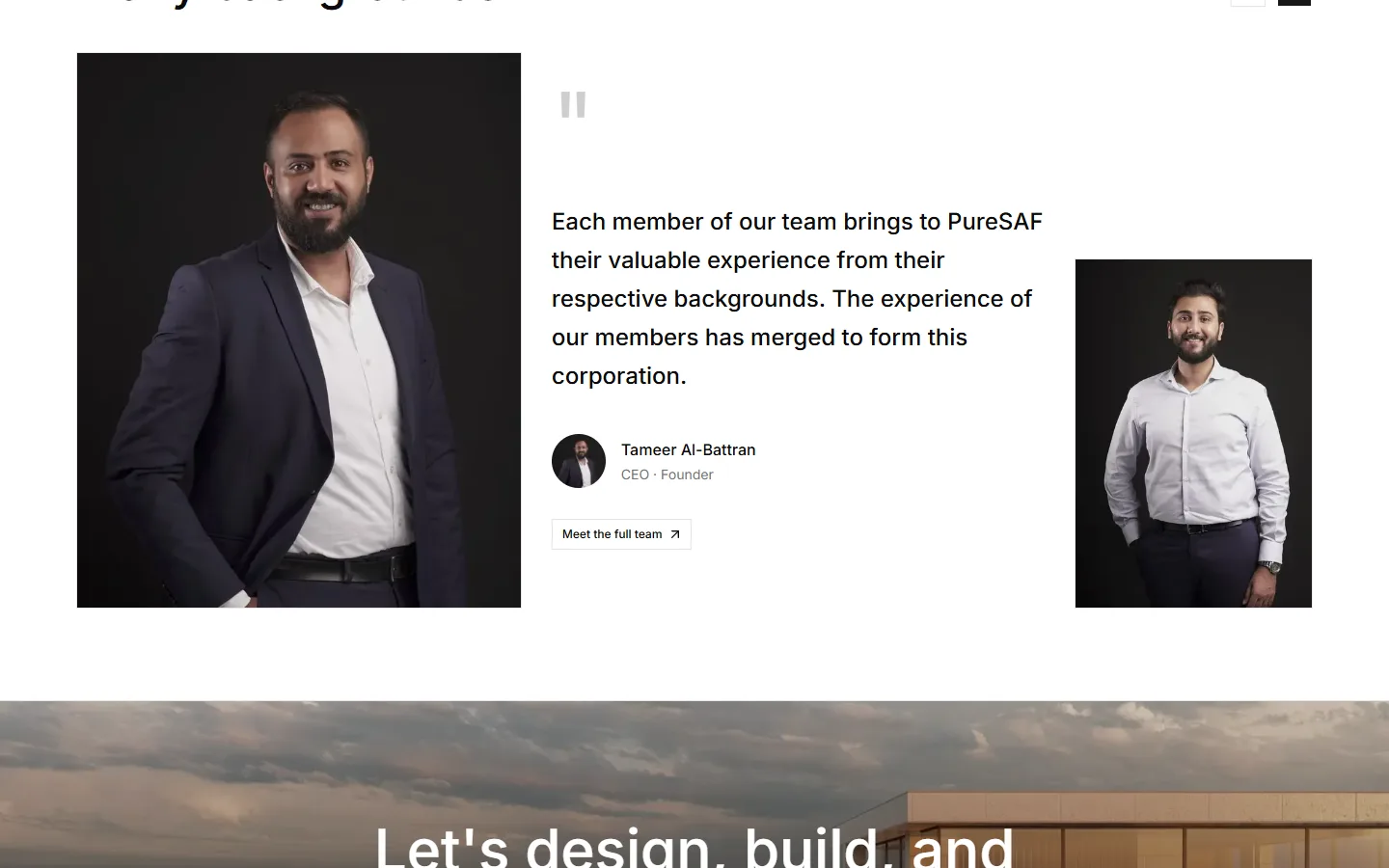 Team section with founder quote
