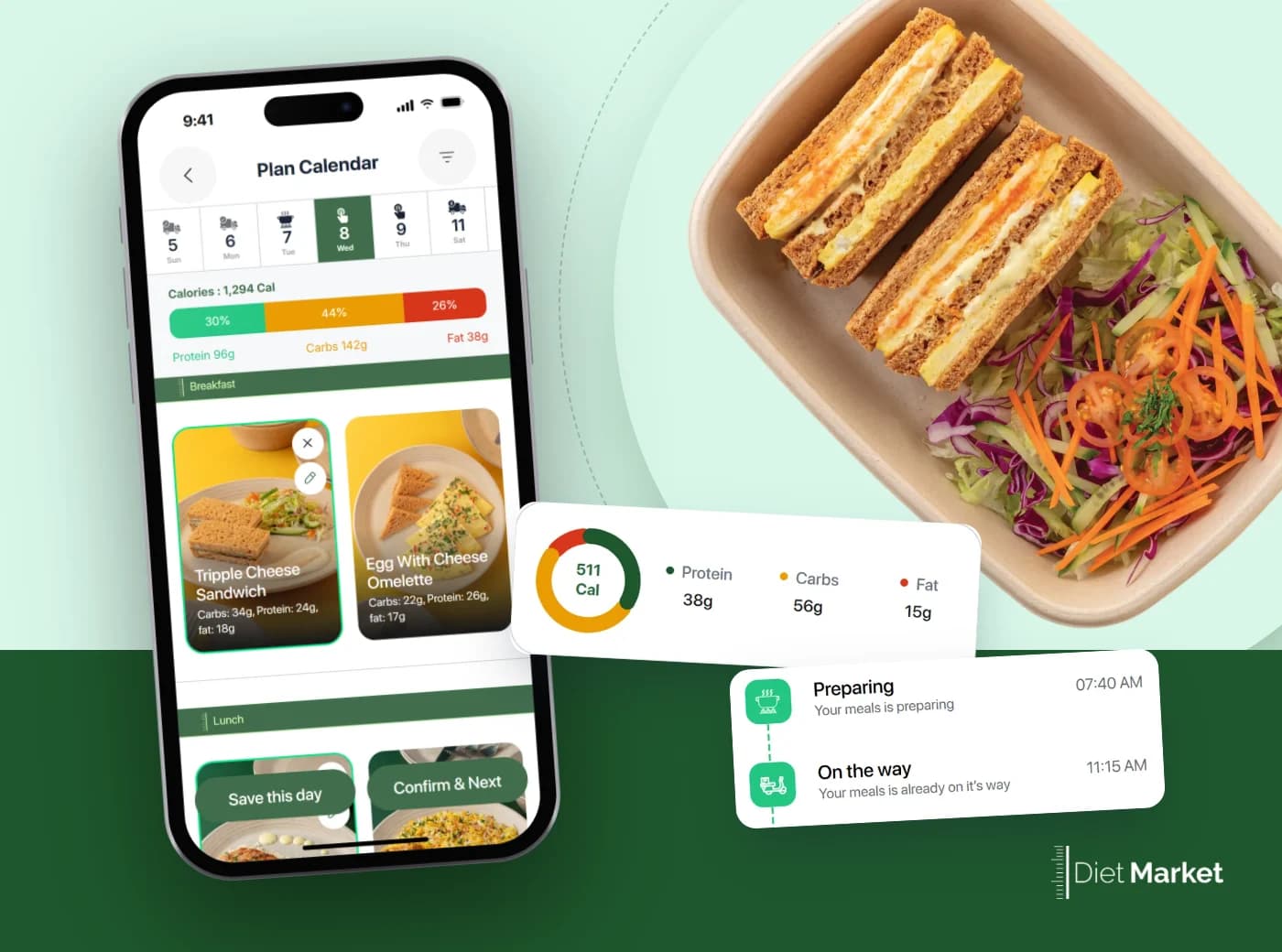 Three phones showing Diet Market: recommended plans, the meal calendar and box tracking