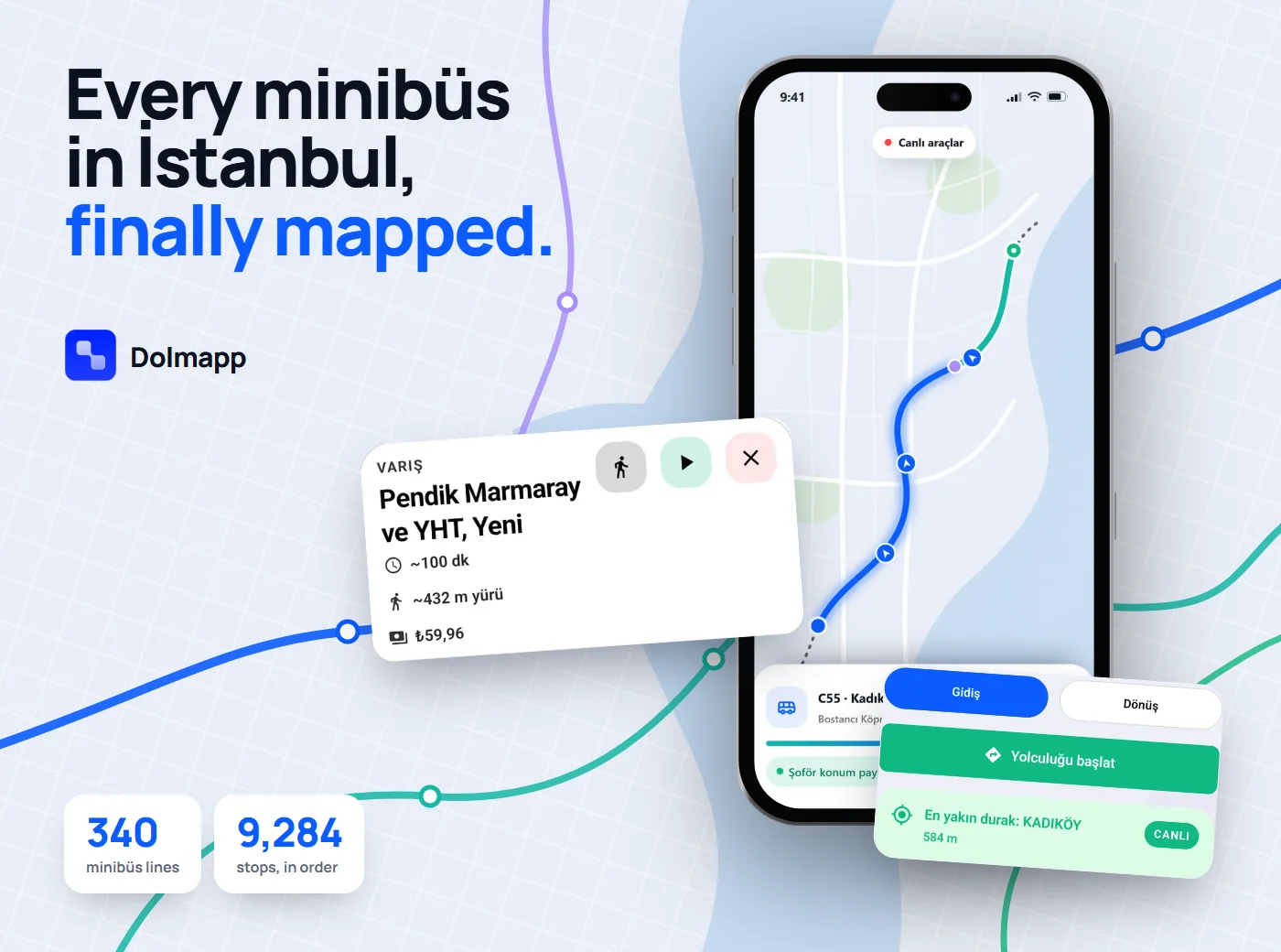 Dolmapp on an iPhone over a stylised İstanbul minibüs map, with trip and line cards