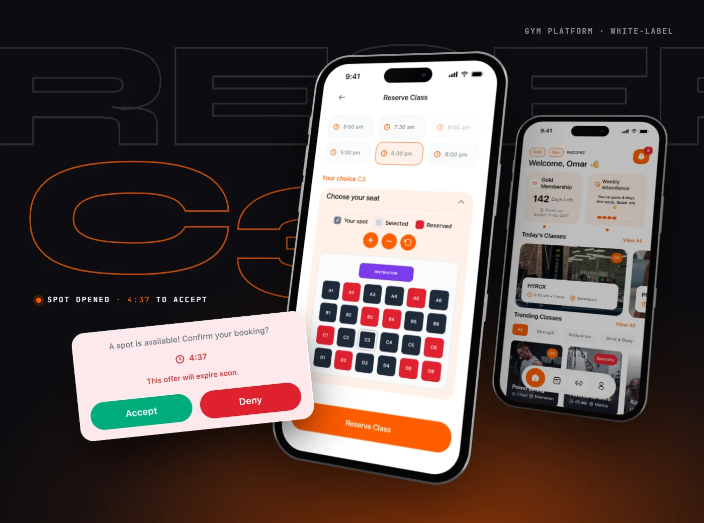 Three phones showing the gym app: home dashboard, seat selection and a waiting-list offer