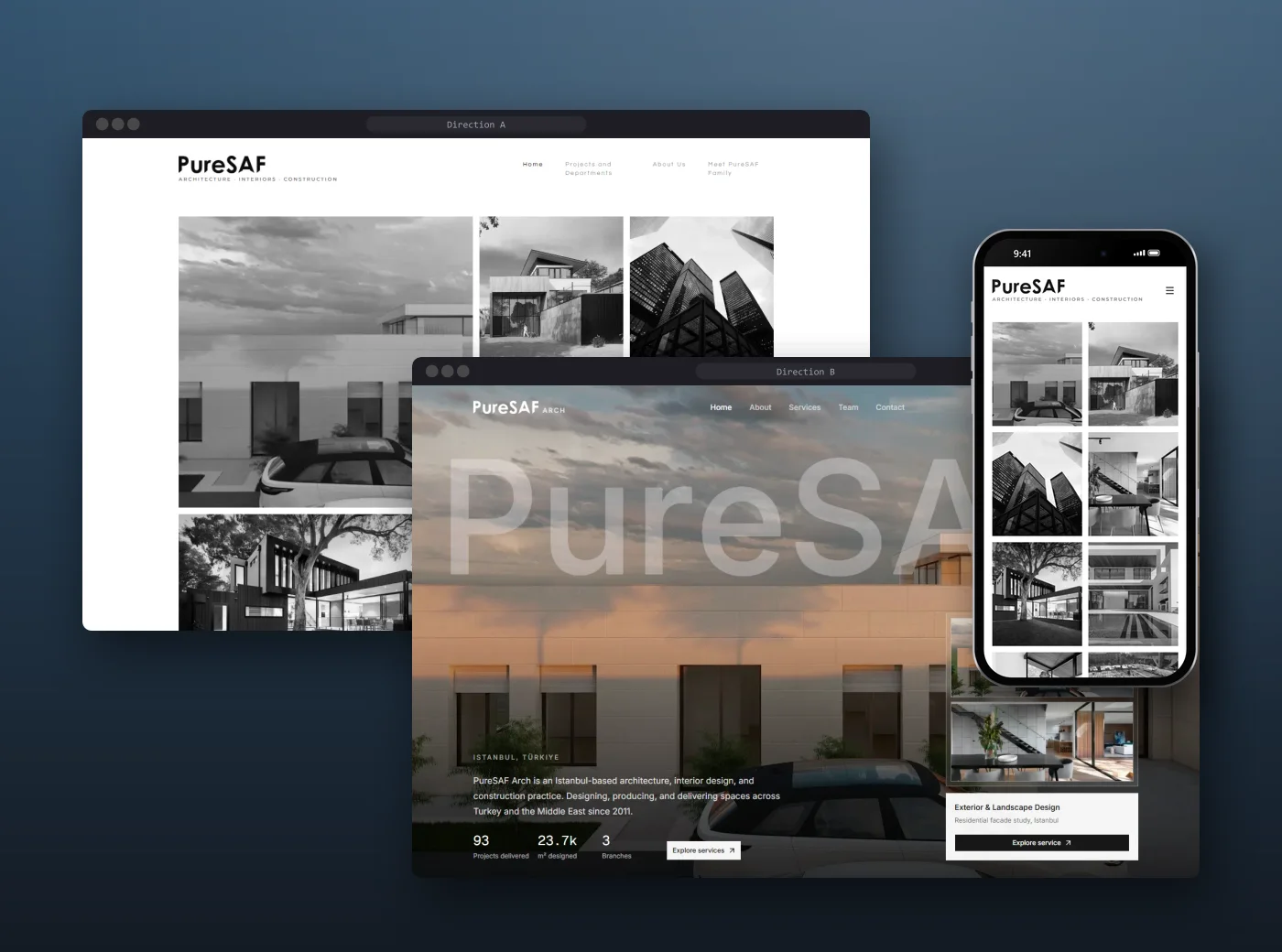 PureSAF: the editorial gallery and the agency directions in browser windows, with the mobile site on a phone